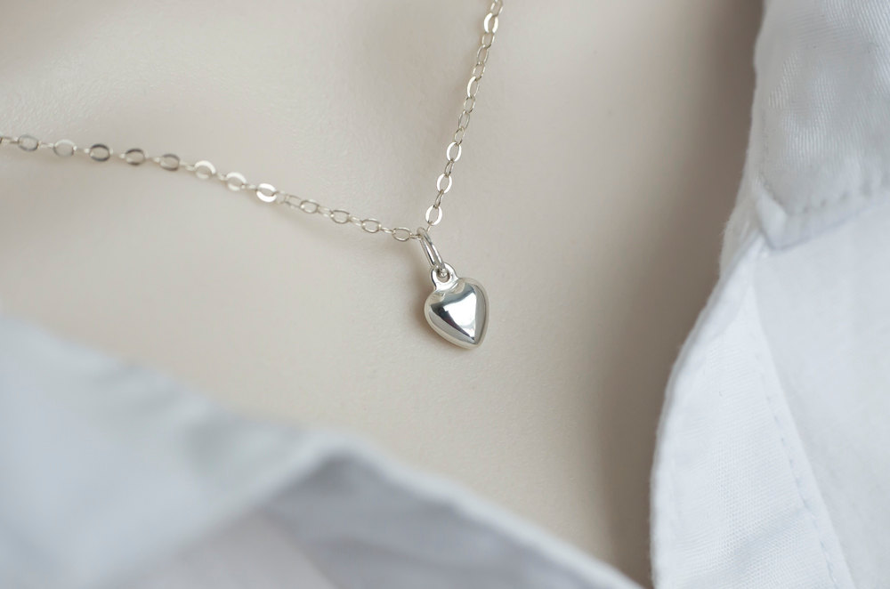 Heart Necklace, Tiny Sterling Silver Puff Heart Charm Necklace