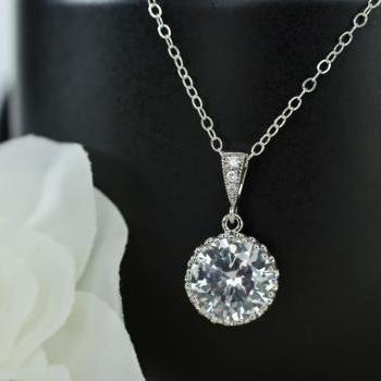 necklace pendant silver bridal cz drop round sterling chain